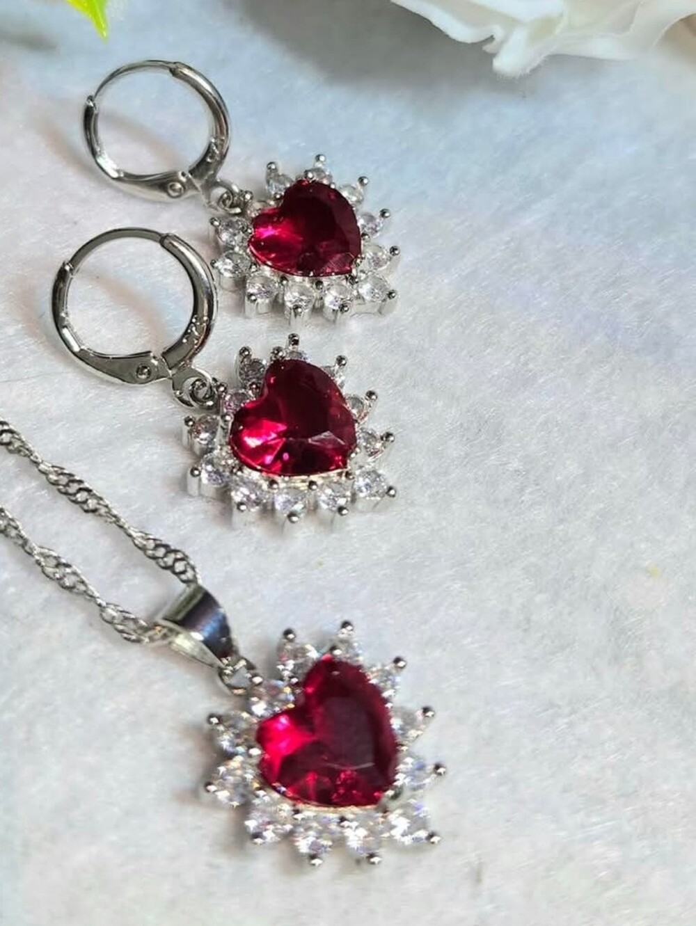 Heart Halo Pendant and Earrings Set with Red Stones